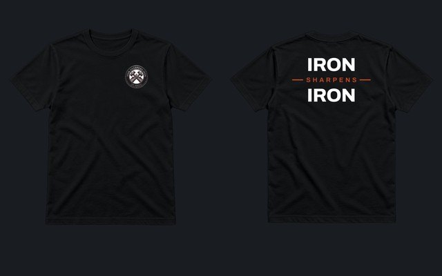 The Wording Tee in black: crest on the chest, IRON SHARPENS IRON across the back