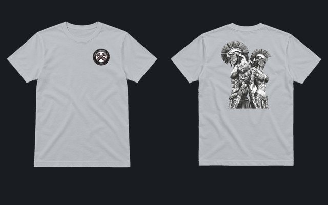 The Warriors Tee in heather gray: crest on the chest, the warriors across the back