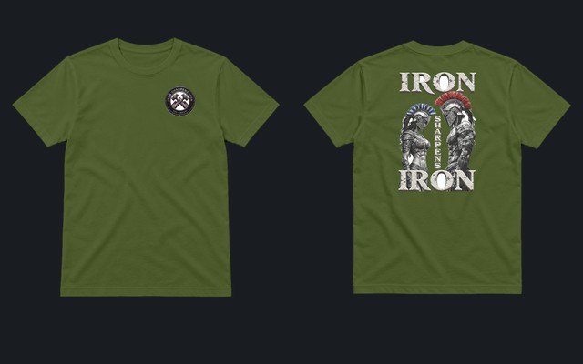 The Spartan Duel Tee in olive: crest on the chest, the Spartan Duel across the back