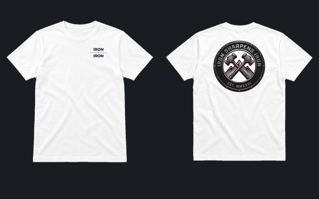 The Crest Tee in white: IRON SHARPENS IRON on the chest, the crest across the back