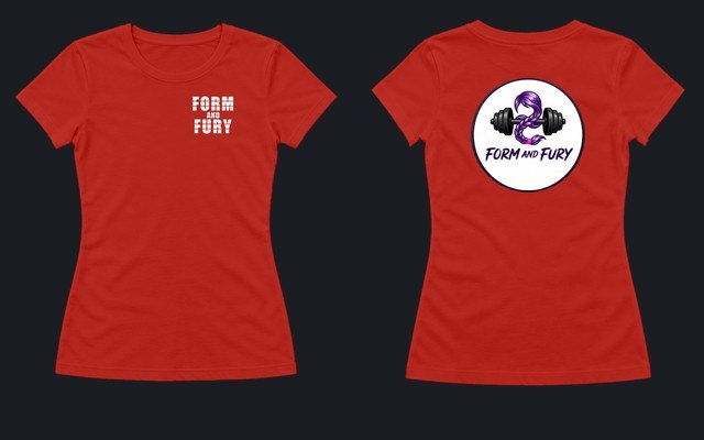 Form and Fury Badge Tee in red: wordmark on the chest, the badge across the back