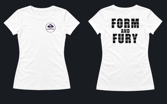 Form and Fury Stencil Tee in white: badge on the chest, FORM AND FURY across the back
